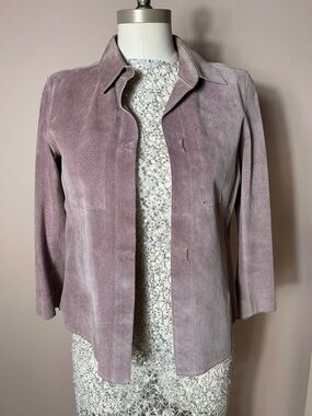 VTG DKNY Mauve lavender Suede Shirt Jacket crop hook closure inner pockets